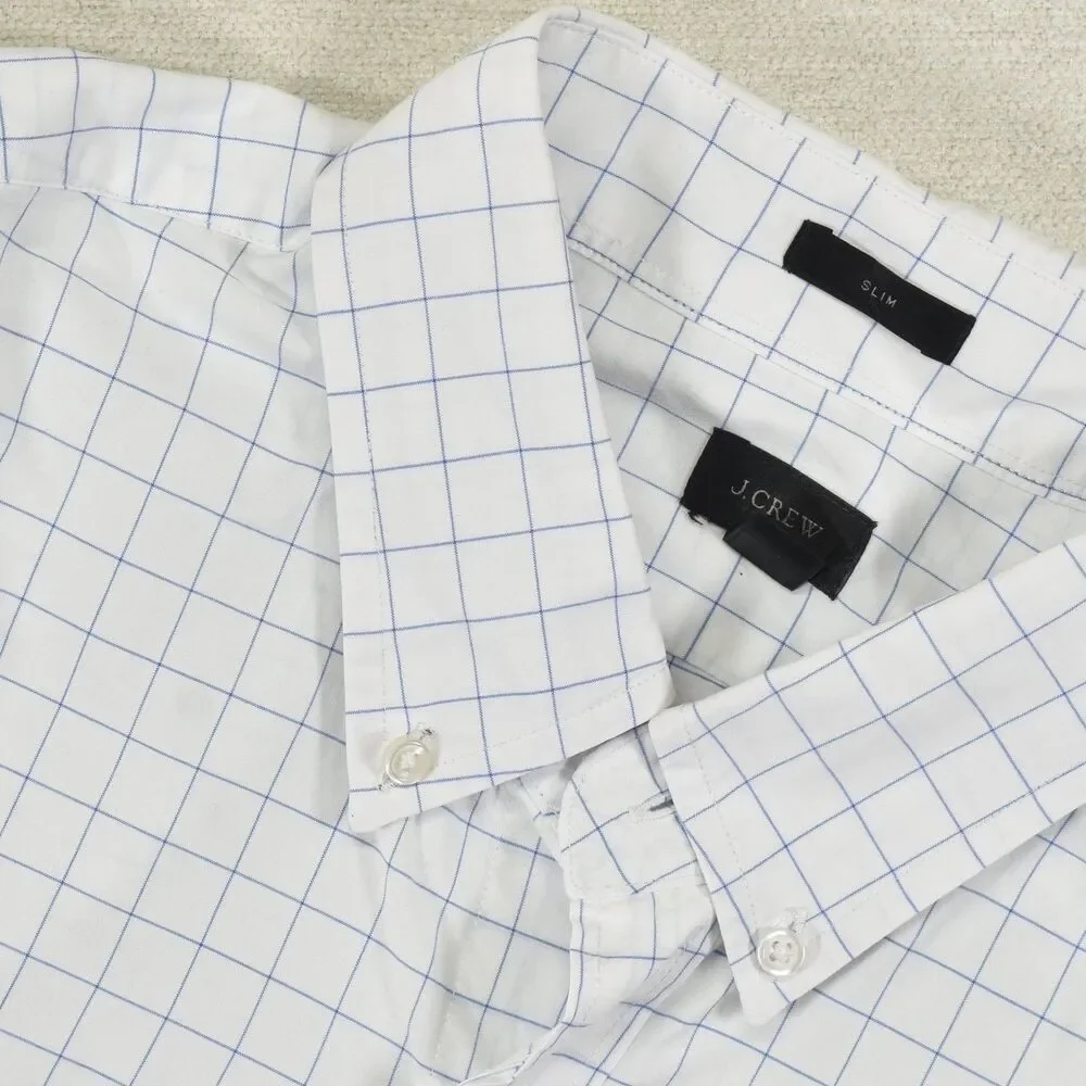 J.Crew Slim Fit Grid Windowpane Plaid Button Down Dress Shirt Large White Blue